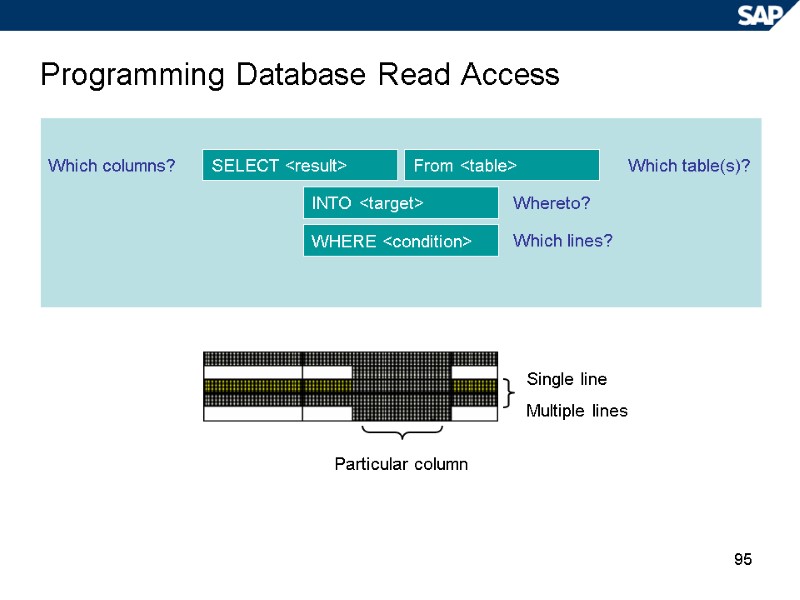 95 Programming Database Read Access Which columns? Which table(s)? Whereto? Which lines? Particular column